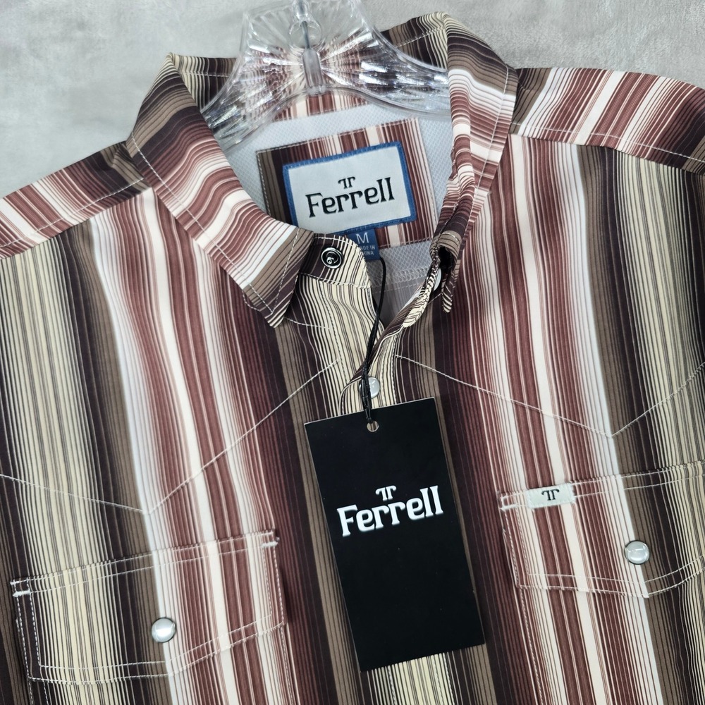 Ferrell‎ Western Shirt Men Medium Brown Striped Pearl Snap Long Sleeve Stretch